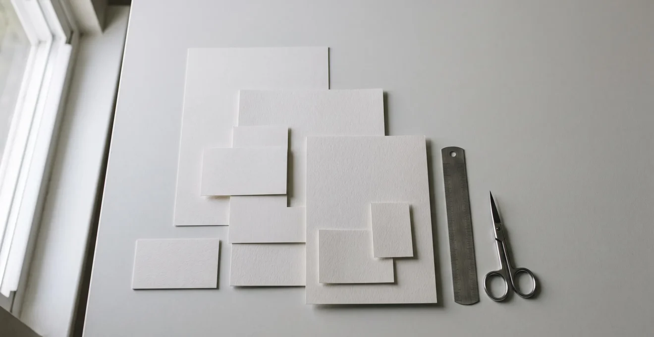 Composition symbolique illustrant la precision et le savoir-faire professionnel dans la creation graphique de cartes imprimees