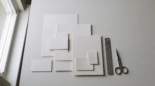 Composition symbolique illustrant la precision et le savoir-faire professionnel dans la creation graphique de cartes imprimees