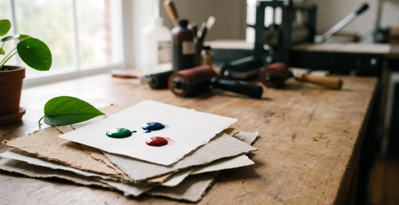 Table d'atelier d'impression écologique avec gouttes d'encre colorées et échantillons de papier recyclé texturé
