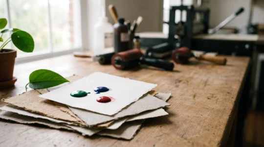 Table d'atelier d'impression écologique avec gouttes d'encre colorées et échantillons de papier recyclé texturé