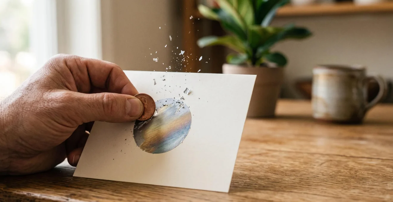 Main tenant une carte de papier argentee en train d'etre grattee pour reveler un message caché, dans une ambiance chaleureuse