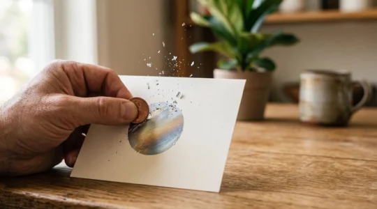 Main tenant une carte de papier argentee en train d'etre grattee pour reveler un message caché, dans une ambiance chaleureuse