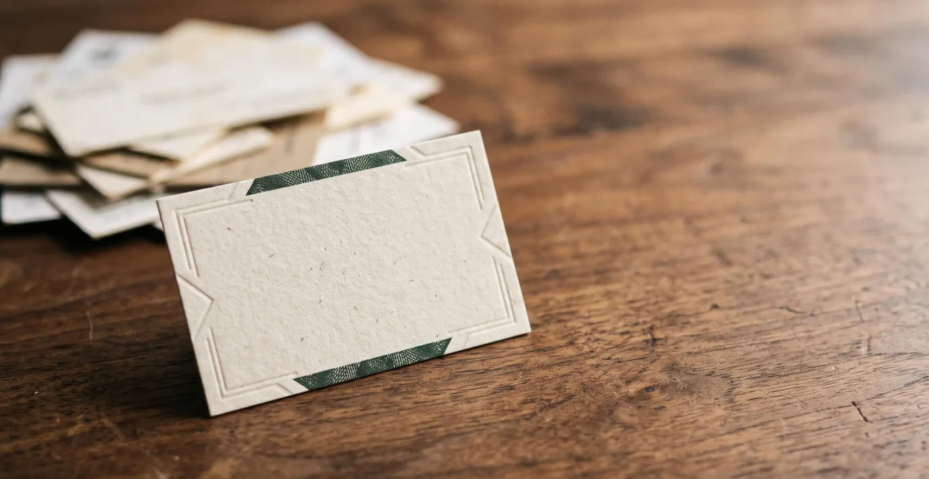 Carte de visite haut de gamme posée en lumière douce, symbolisant un objet conservé plutôt que jeté