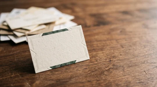 Carte de visite haut de gamme posée en lumière douce, symbolisant un objet conservé plutôt que jeté