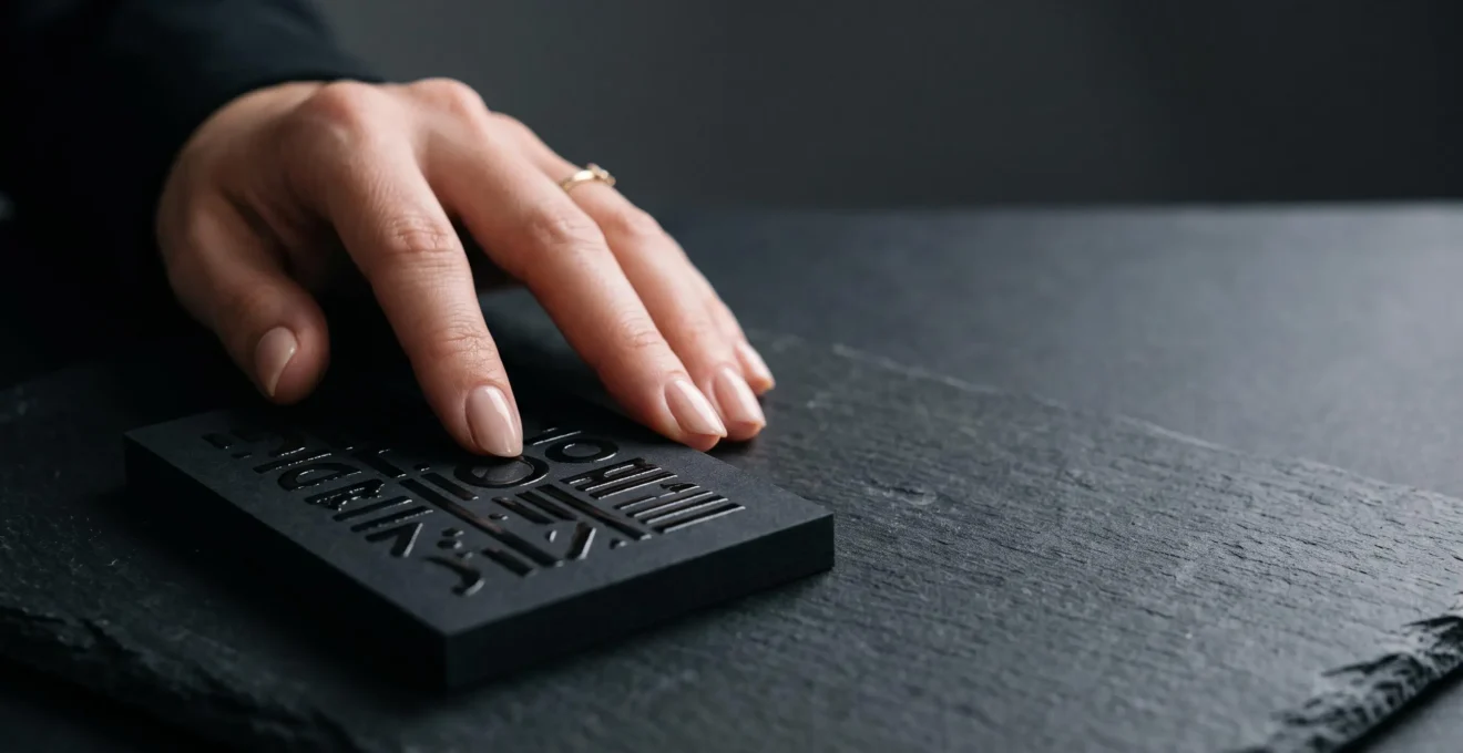 Main effleurant le relief brillant d'un vernis sélectif 3D sur une carte de visite noire mate, illustrant le luxe discret