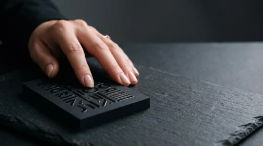 Main effleurant le relief brillant d'un vernis sélectif 3D sur une carte de visite noire mate, illustrant le luxe discret