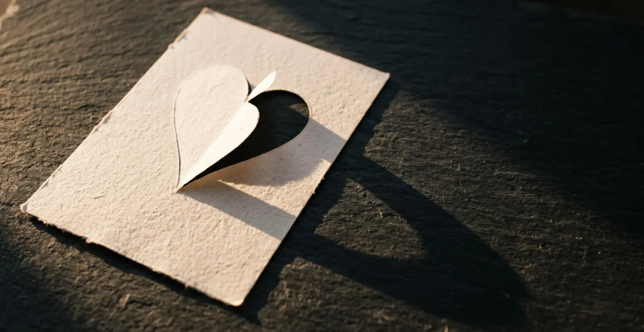 Carte en papier épurée avec une découpe en forme de cœur suggérée, posée sur une surface minimaliste en lumière naturelle