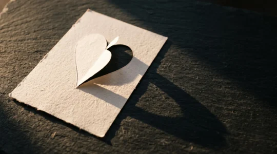 Carte en papier épurée avec une découpe en forme de cœur suggérée, posée sur une surface minimaliste en lumière naturelle