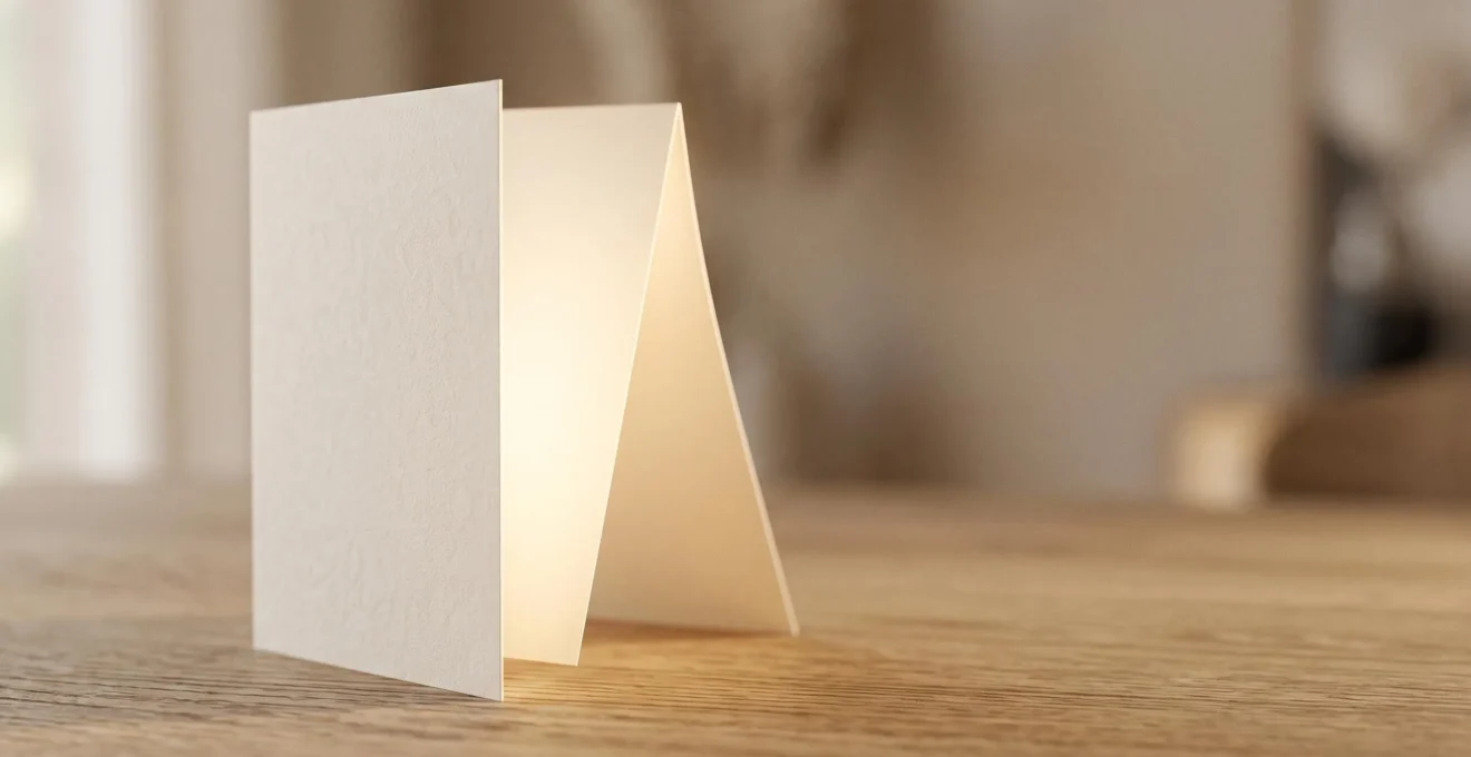 Carte pliée en deux volets entrouverte laissant échapper une lumière douce, symbolisant une histoire qui se révèle progressivement à travers ses quatre faces