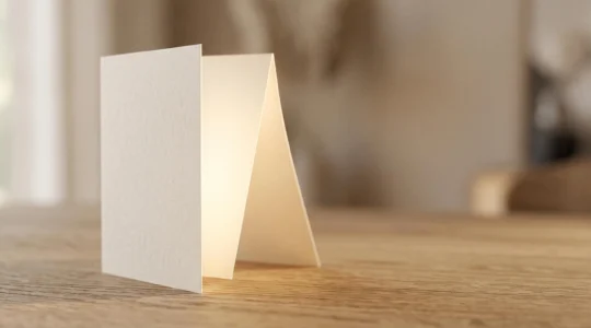 Carte pliée en deux volets entrouverte laissant échapper une lumière douce, symbolisant une histoire qui se révèle progressivement à travers ses quatre faces