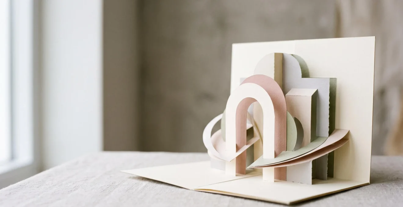 Carte pop-up en papier sculpté partiellement ouverte, laissant apparaître des formes en volume élégantes sans motif enfantin