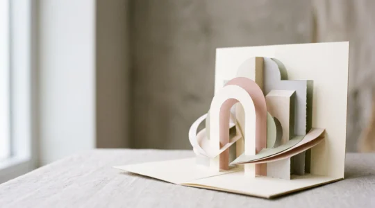Carte pop-up en papier sculpté partiellement ouverte, laissant apparaître des formes en volume élégantes sans motif enfantin