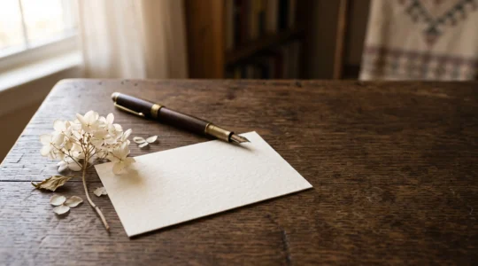 Carte de remerciement de deuil posée sur une table en bois avec une fleur seche, ambiance sobre et lumineuse