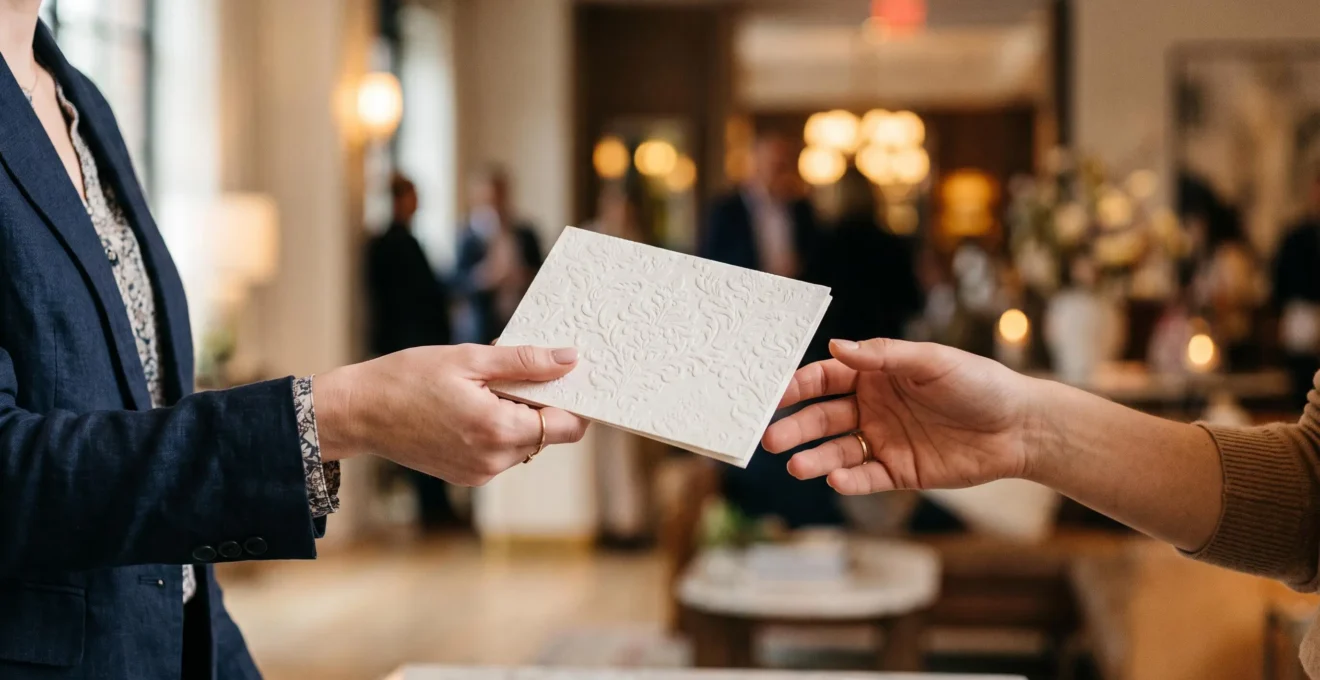 Une main élégante tendant un carton d'invitation soigné à une autre personne, symbolisant l'accueil et l'exclusivité d'un événement réussi