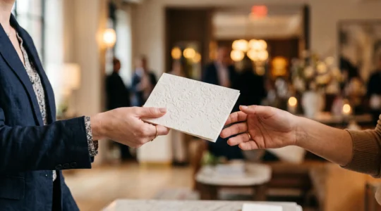 Une main élégante tendant un carton d'invitation soigné à une autre personne, symbolisant l'accueil et l'exclusivité d'un événement réussi