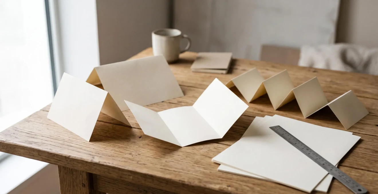 Bureau de créateur graphique avec plusieurs maquettes de cartons pliés déployés en éventail illustrant le choix de format