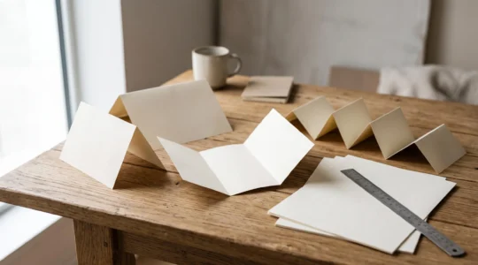 Bureau de créateur graphique avec plusieurs maquettes de cartons pliés déployés en éventail illustrant le choix de format