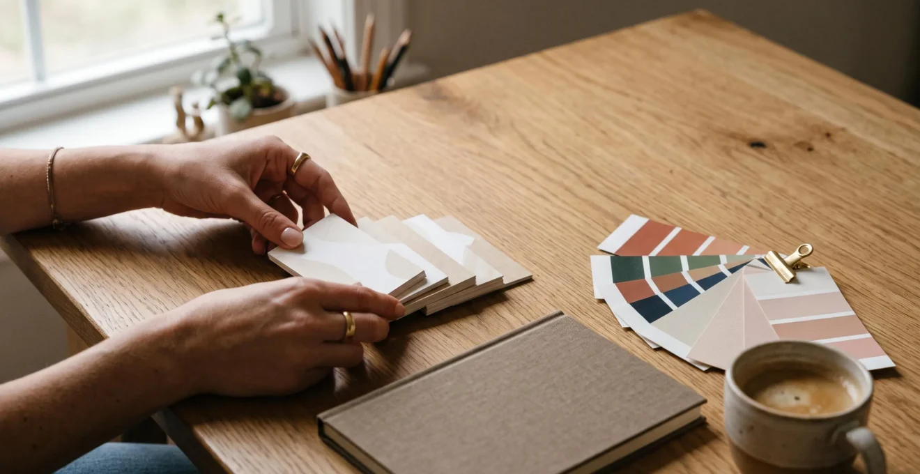 Mains disposant avec soin des cartes de visite vierges élégantes sur un bureau en bois, entourées de nuanciers de couleurs et d'une tasse de café