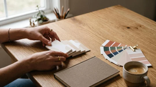 Mains disposant avec soin des cartes de visite vierges élégantes sur un bureau en bois, entourées de nuanciers de couleurs et d'une tasse de café