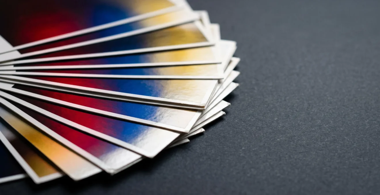 Cartes imprimées en couché brillant révélant des couleurs saturées sous une lumière directionnelle