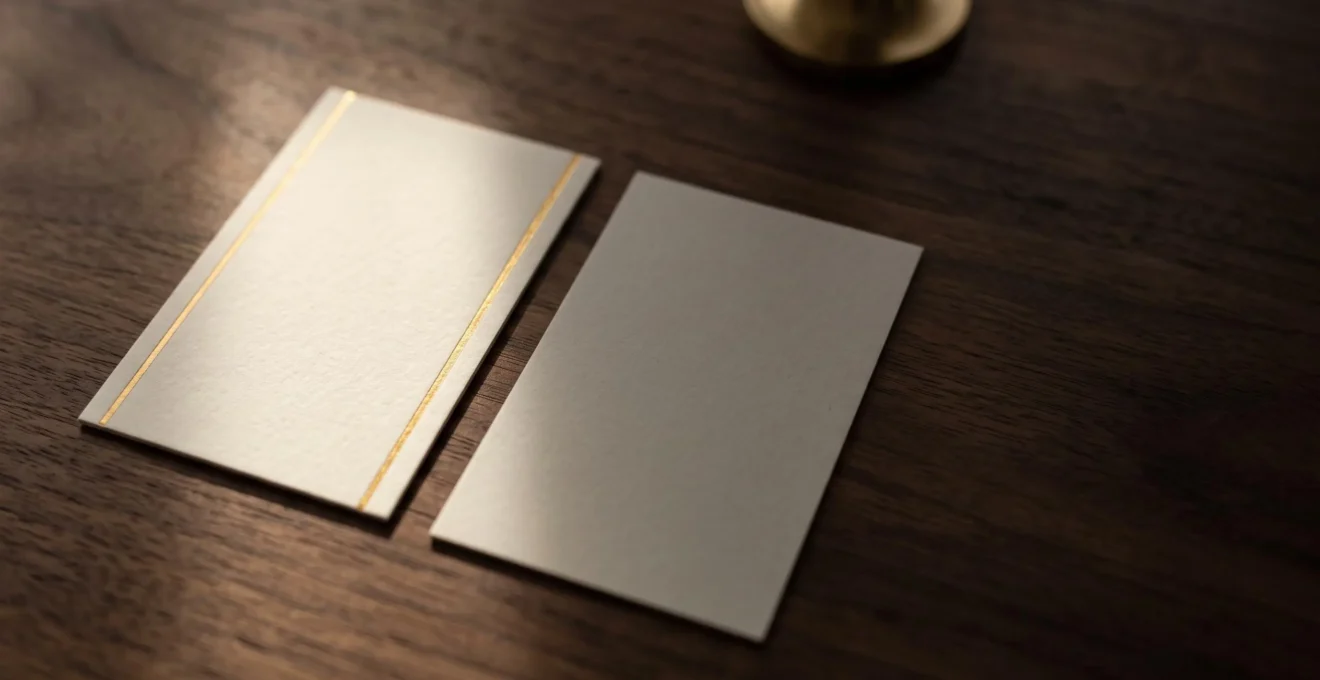 Carte de papier ivoire haut de gamme ornée d'un fin liseré de dorure à chaud dorée, posée en pleine lumière avec un vaste espace négatif évoquant la sobriété du luxe