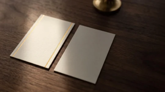 Carte de papier ivoire haut de gamme ornée d'un fin liseré de dorure à chaud dorée, posée en pleine lumière avec un vaste espace négatif évoquant la sobriété du luxe