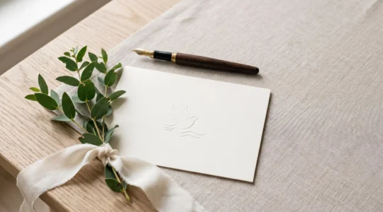 Composition élégante autour d'un faire-part de baptême mêlant éléments traditionnels et touches modernes, posée sur une table en bois clair avec une lumière douce.