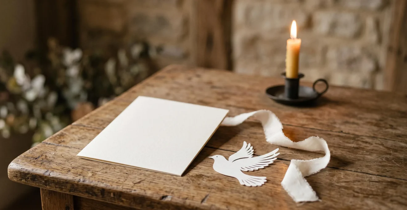 Carte de faire-part de communion posée délicatement sur une table en bois, éclairée par une lumière douce, évoquant un passage spirituel