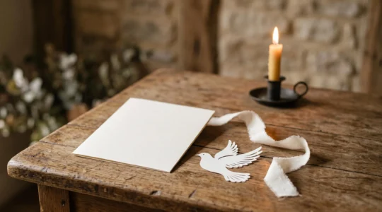 Carte de faire-part de communion posée délicatement sur une table en bois, éclairée par une lumière douce, évoquant un passage spirituel