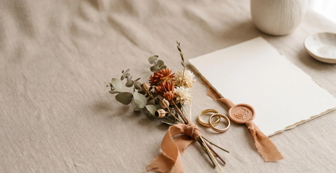 Composition éditoriale d'un faire-part de mariage élégant entouré d'éléments symbolisant l'univers unique d'un couple