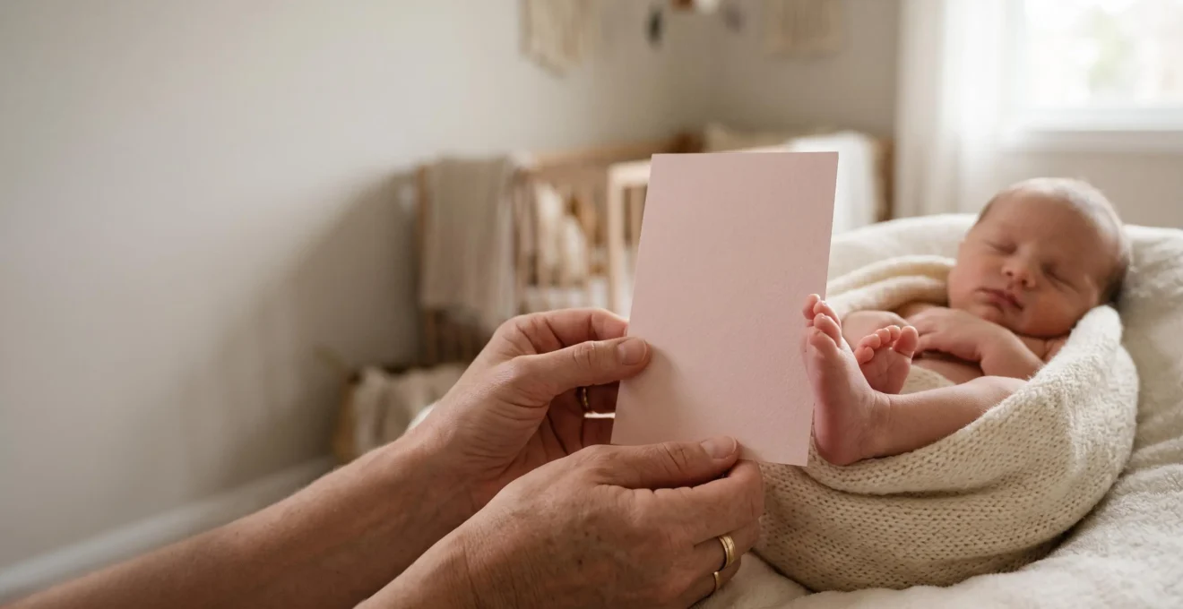 Mains de parents tenant délicatement une carte vierge pastel à côté du petit pied d'un nouveau-né endormi
