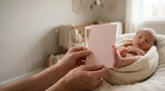 Mains de parents tenant délicatement une carte vierge pastel à côté du petit pied d'un nouveau-né endormi