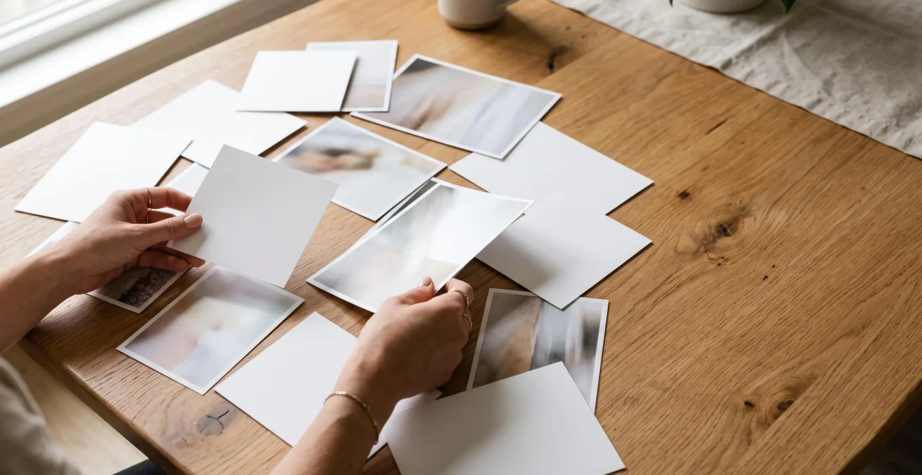 Vue en plongée de plusieurs tirages photo disposés avec soin sur une table en bois clair, formant une composition harmonieuse pour une carte souvenir