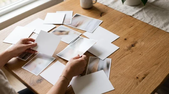 Vue en plongée de plusieurs tirages photo disposés avec soin sur une table en bois clair, formant une composition harmonieuse pour une carte souvenir
