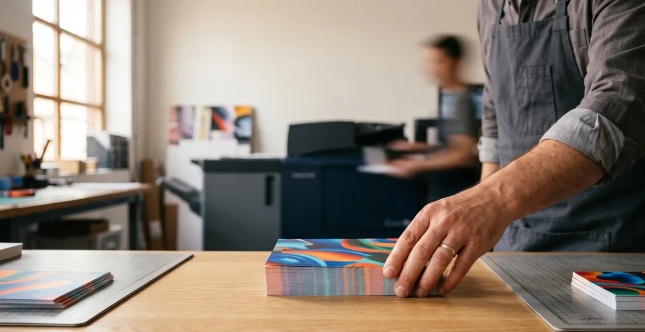 Atelier d'impression numérique moderne avec des cartes fraîchement imprimées empilées, ambiance de production rapide et soignée