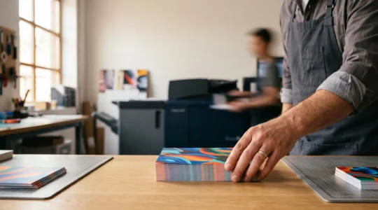Atelier d'impression numérique moderne avec des cartes fraîchement imprimées empilées, ambiance de production rapide et soignée
