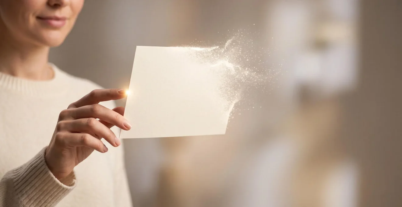 Une main effleurant une invitation lumineuse suspendue entre matière papier et particules numériques, symbole d'une confirmation immédiate