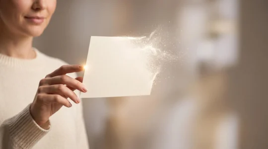 Une main effleurant une invitation lumineuse suspendue entre matière papier et particules numériques, symbole d'une confirmation immédiate