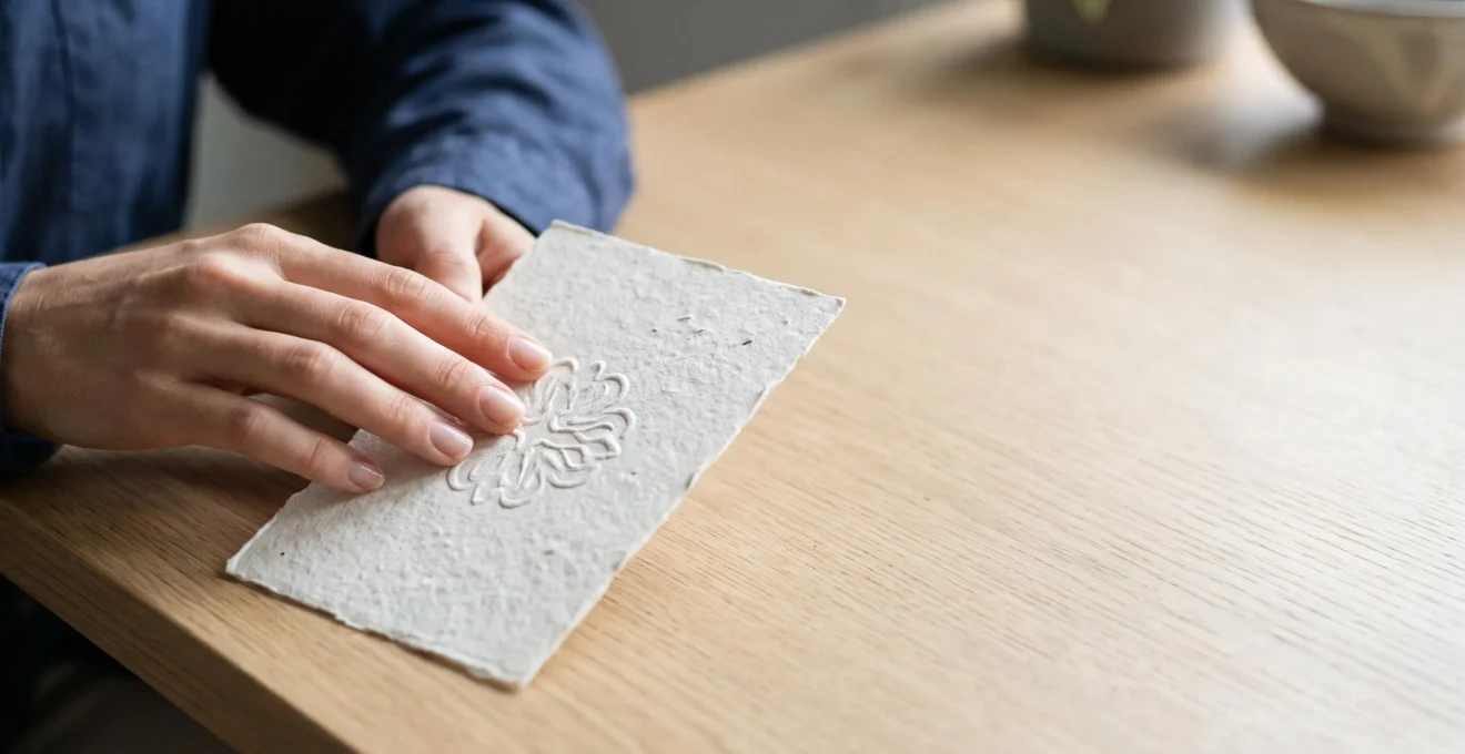 Gros plan délicat d'une main effleurant le relief discret d'un gaufrage à sec sur une carte en papier texturé haut de gamme