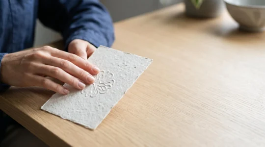 Gros plan délicat d'une main effleurant le relief discret d'un gaufrage à sec sur une carte en papier texturé haut de gamme