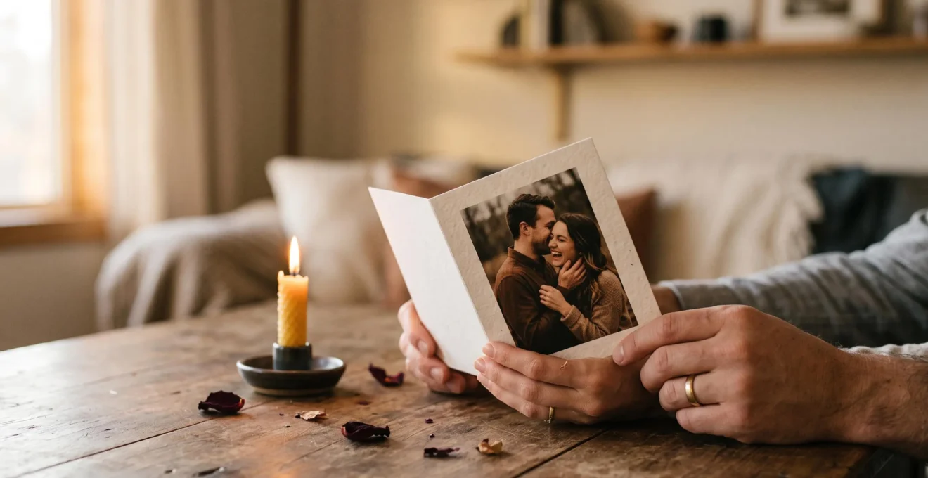 Gros plan sur des mains de couple tenant une carte de Saint-Valentin ornée d'une photo souvenir, dans une lumière chaleureuse