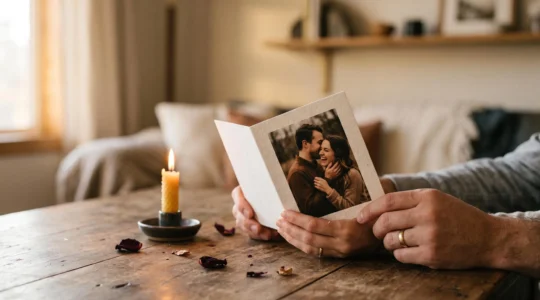 Gros plan sur des mains de couple tenant une carte de Saint-Valentin ornée d'une photo souvenir, dans une lumière chaleureuse