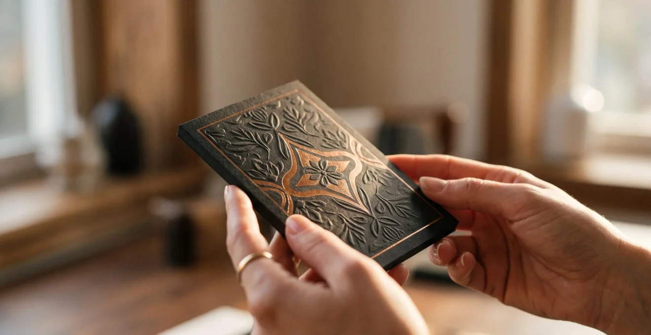 Gros plan éditorial sur des mains découvrant le relief et la dorure d'une carte de visite haut de gamme