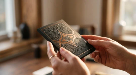 Gros plan éditorial sur des mains découvrant le relief et la dorure d'une carte de visite haut de gamme