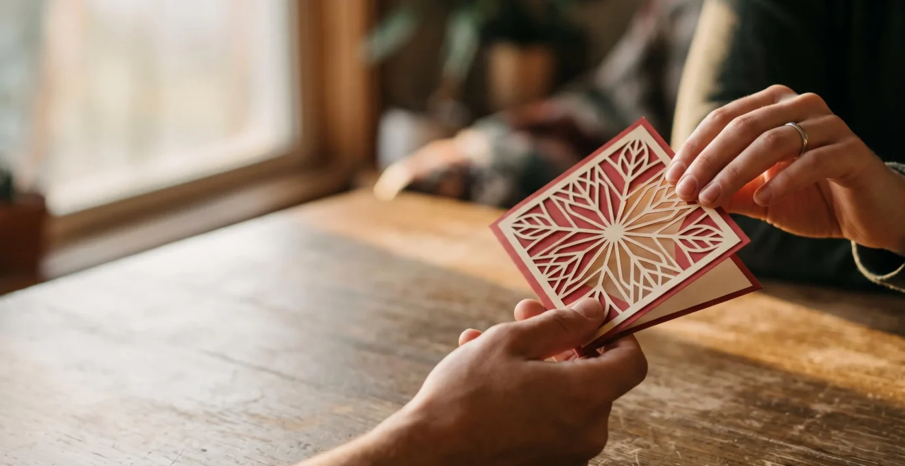 Gros plan sur deux mains échangeant une carte de Saint-Valentin artisanale à la découpe originale, sur une table en bois