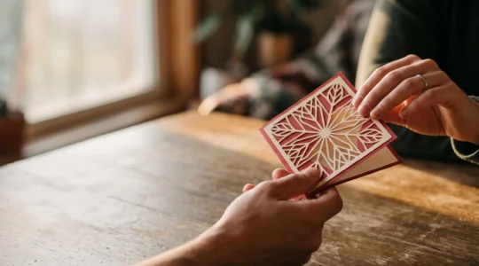 Gros plan sur deux mains échangeant une carte de Saint-Valentin artisanale à la découpe originale, sur une table en bois