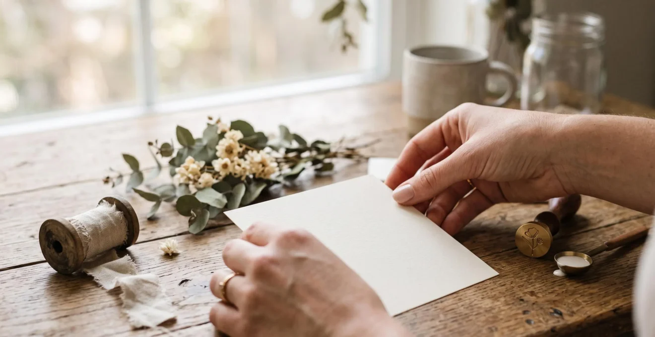 Gros plan chaleureux sur des mains qui personnalisent avec soin une carte de mariage élégante avant son impression