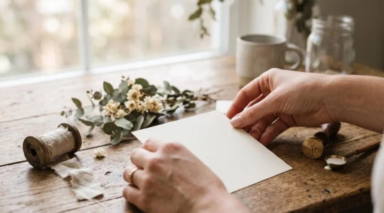 Gros plan chaleureux sur des mains qui personnalisent avec soin une carte de mariage élégante avant son impression