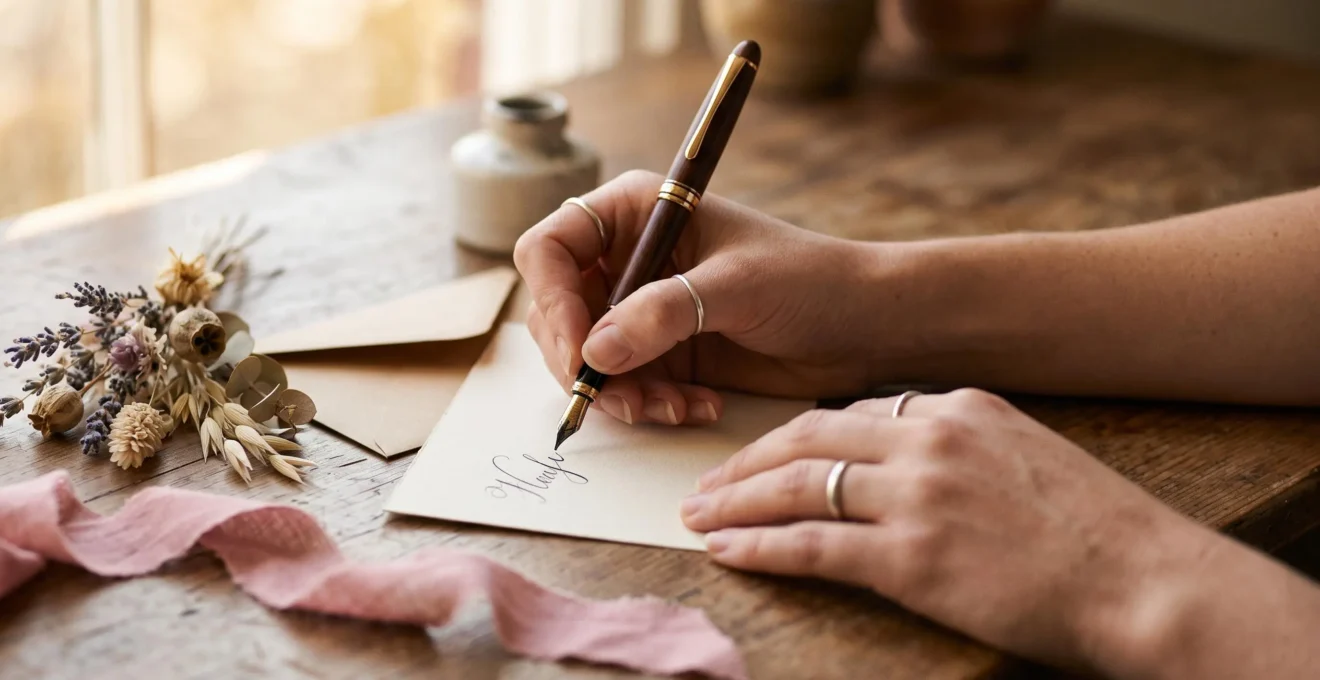 Mains écrivant une carte amoureuse manuscrite entourée de fleurs séchées et d'une enveloppe kraft, ambiance chaleureuse et intime