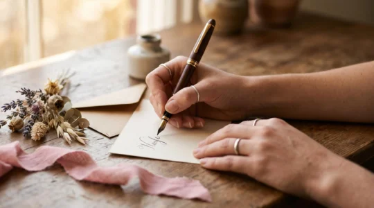 Mains écrivant une carte amoureuse manuscrite entourée de fleurs séchées et d'une enveloppe kraft, ambiance chaleureuse et intime